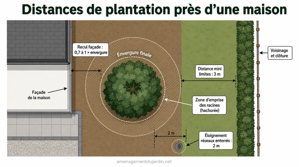 Schéma des reculs et distances pour planter près d’une maison