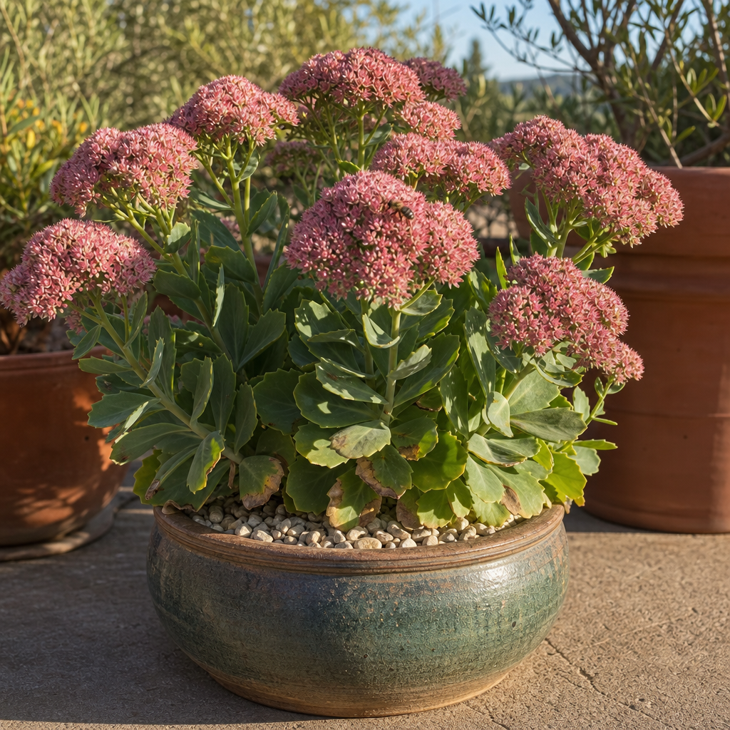 Sédum rose en pot sur une terrasse chaude
