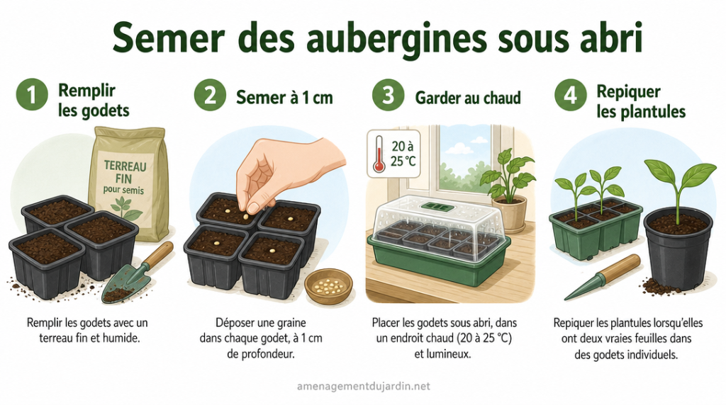 Étapes du semis d’aubergine en godets sous abri