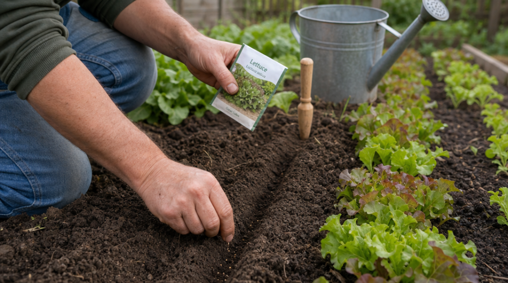 Semis de salades dans une terre meuble du potager