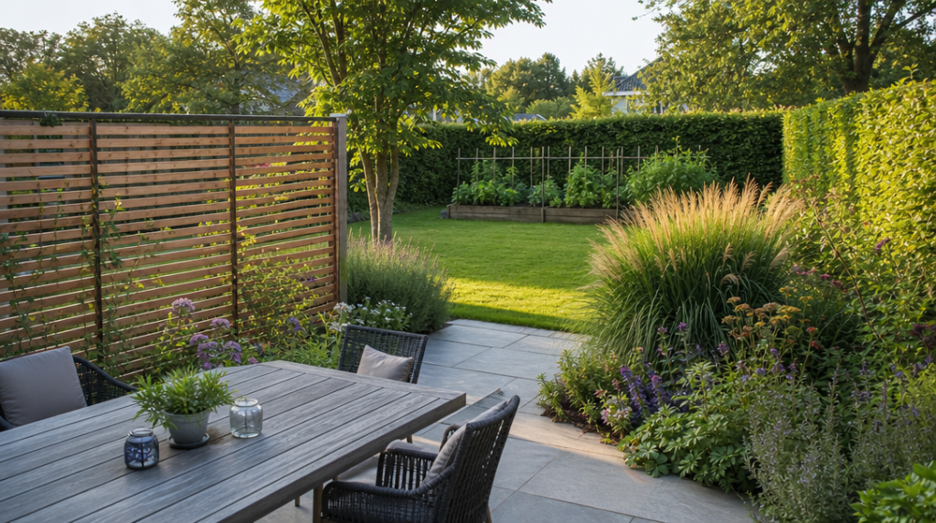 Jardin paysager avec claustra en bois et terrasse