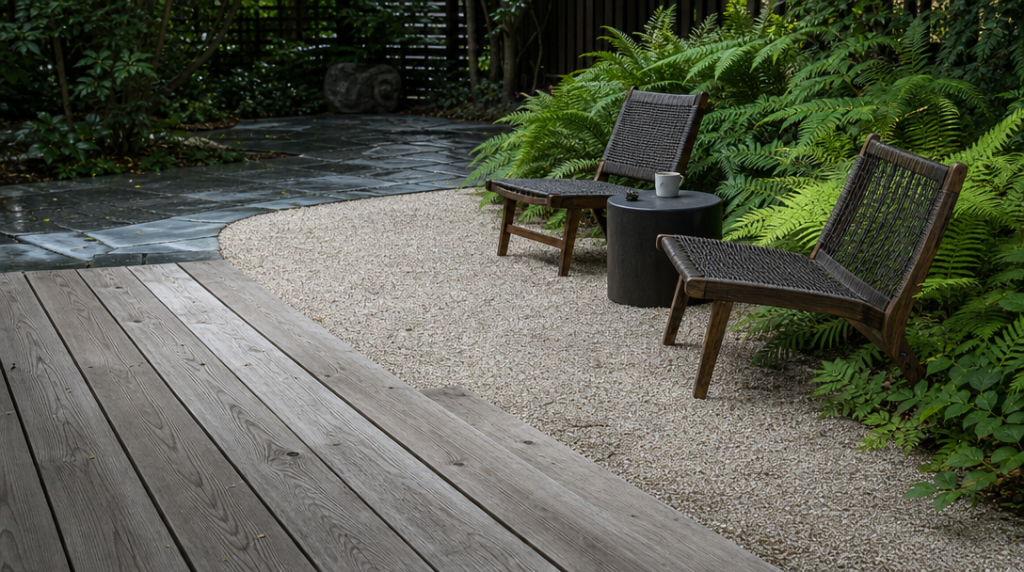 Bois clair et gravier près de fauteuils de jardin