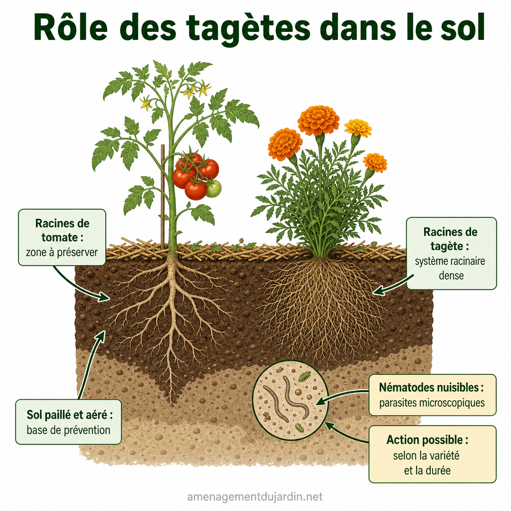 Schéma des racines de tagète et tomate