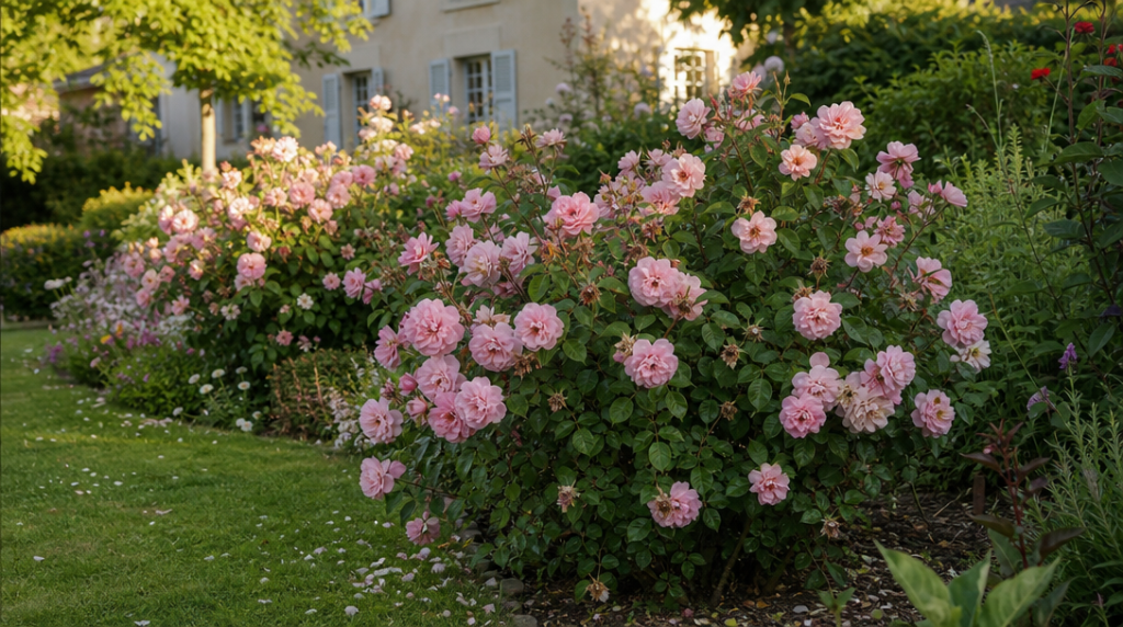 Rosiers remontants roses en floraison dans un jardin