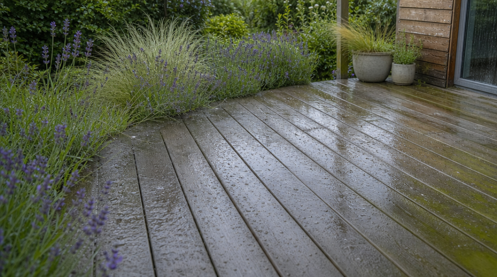 Lames de terrasse humides avec zones grisées et végétation