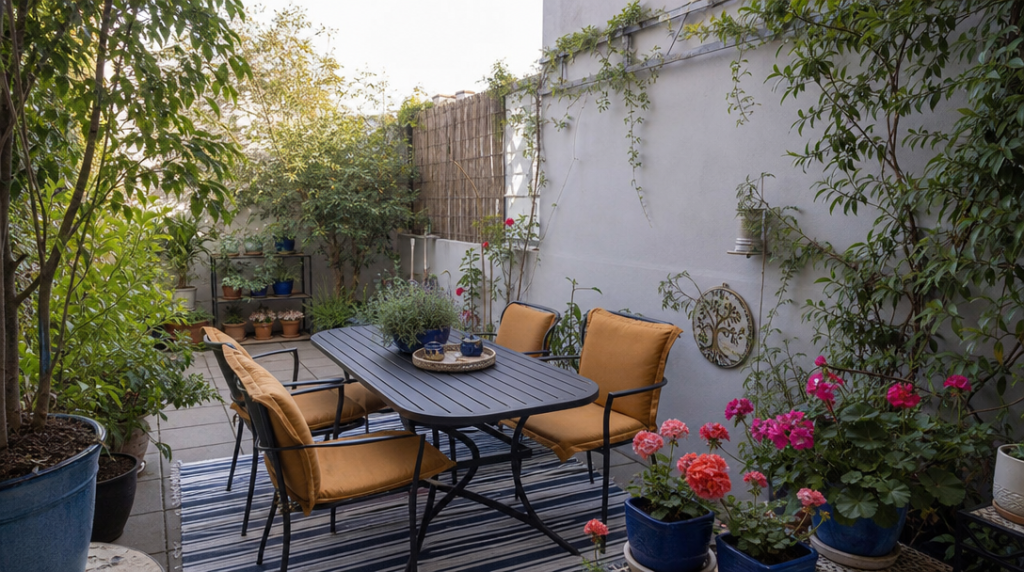 Petite terrasse avec coussins ocre tapis et pots bleus