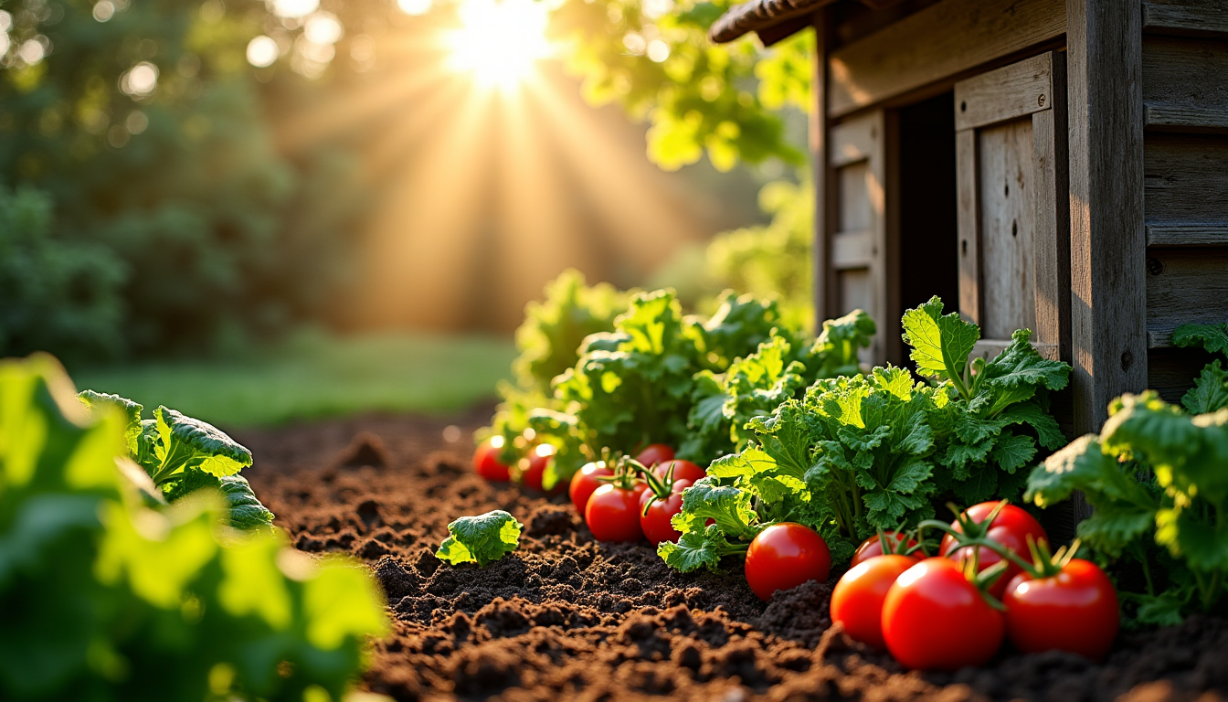 Tomates rouges au sol près d’un abri en bois