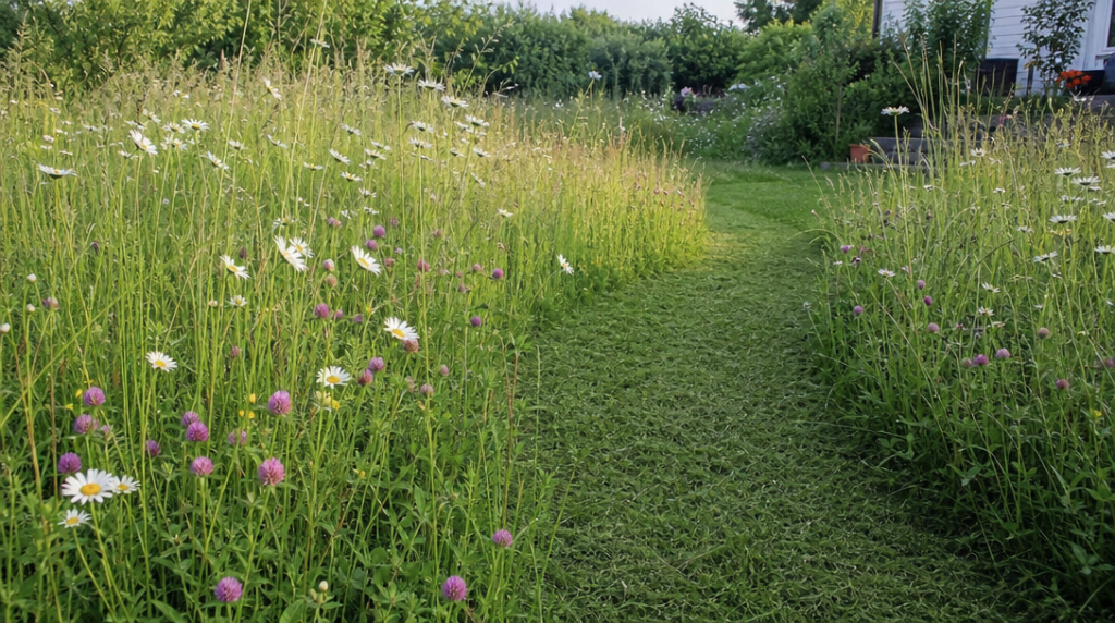 Chemin tondu bordé d’une prairie fleurie haute
