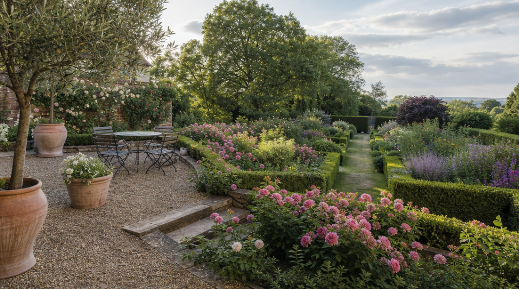 Jardin paysager associant haies fleuries, gravier et olivier