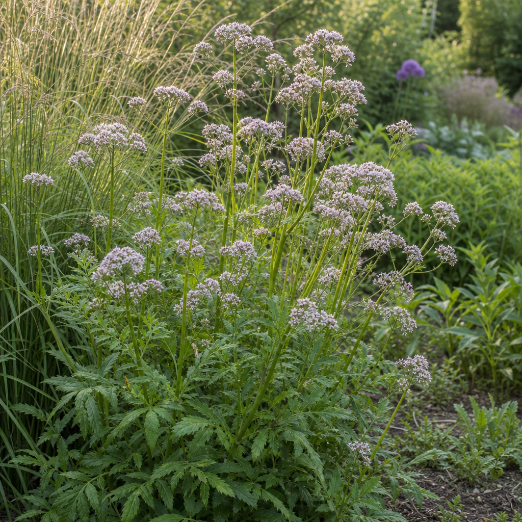 Valériane officinale aux bouquets de fleurs rosées