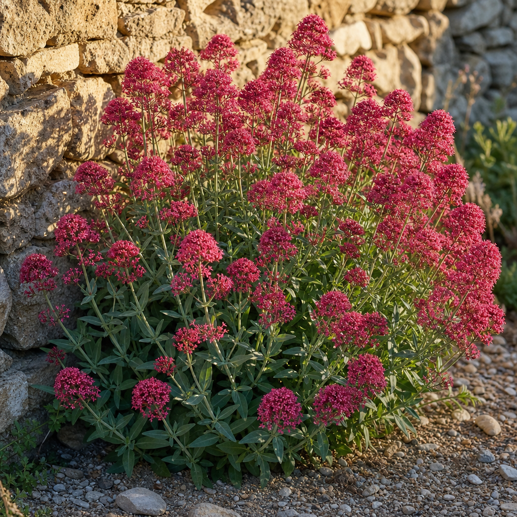 Valériane rouge fleurie contre un mur de pierre