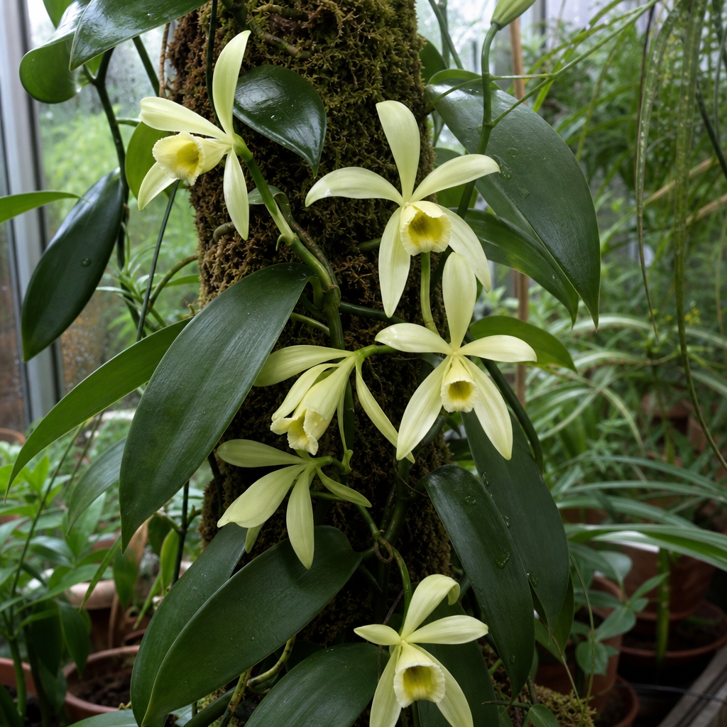 Fleurs pâles de vanillier sur liane tropicale