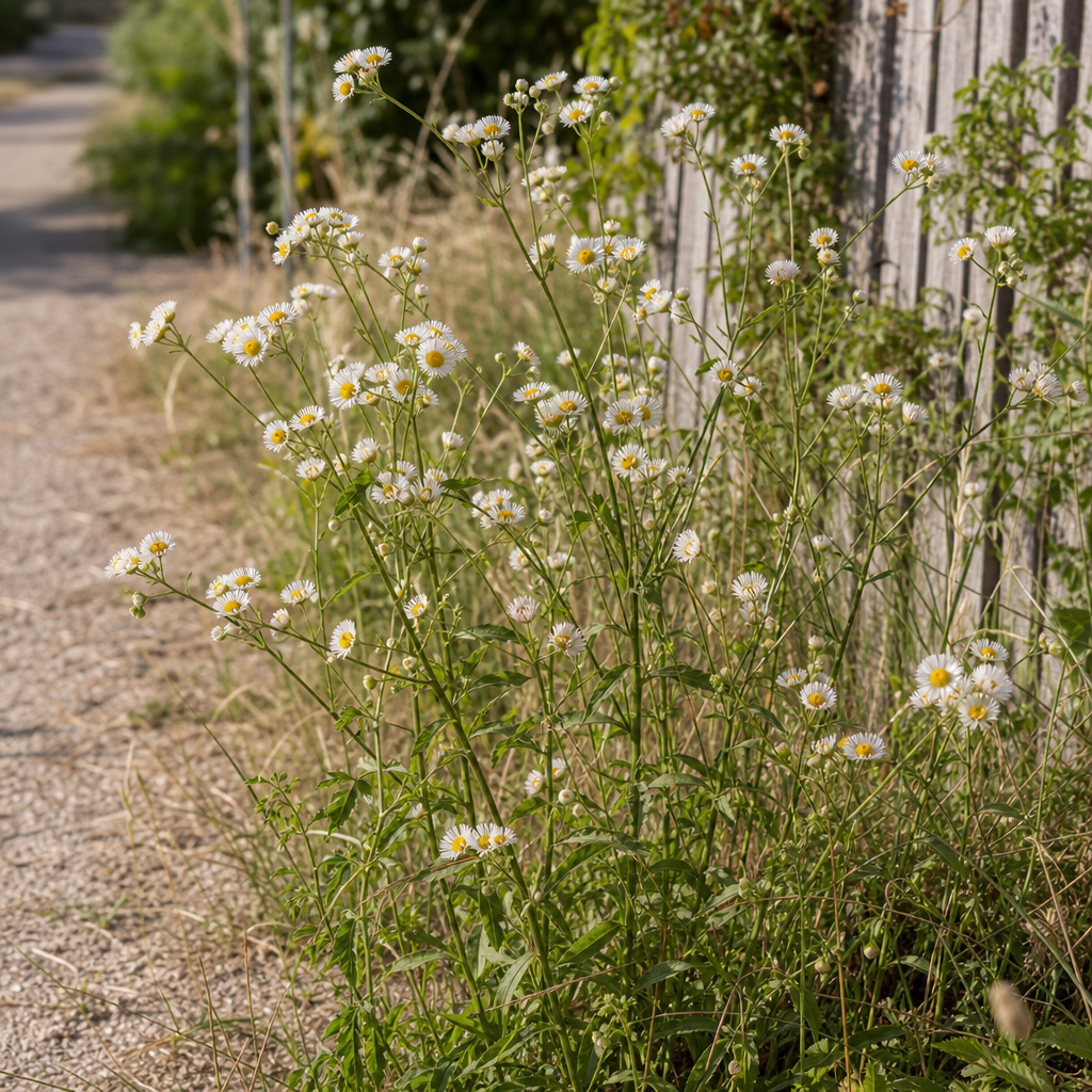 Vergerette annuelle aux fleurs blanches et cœur jaune