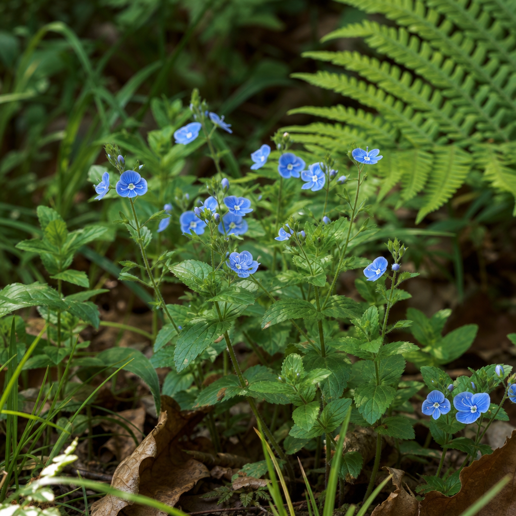 Véronique petit-chêne aux fleurs bleues veinées