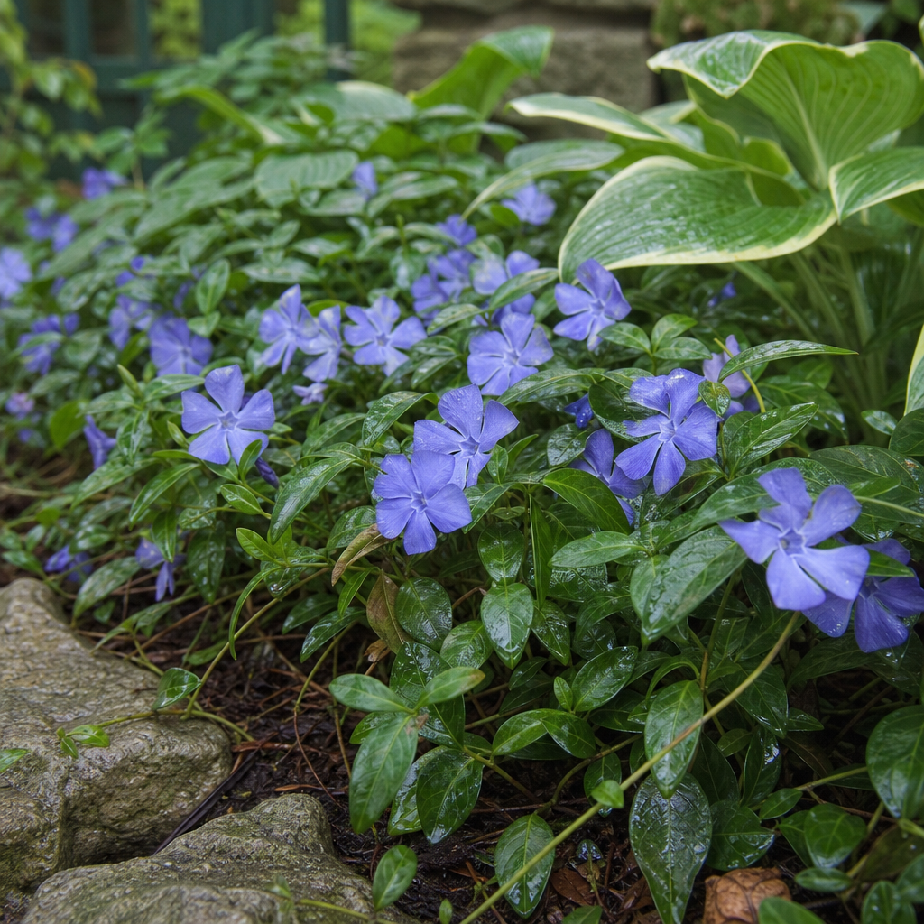 Grandes fleurs bleu lavande de vinca major