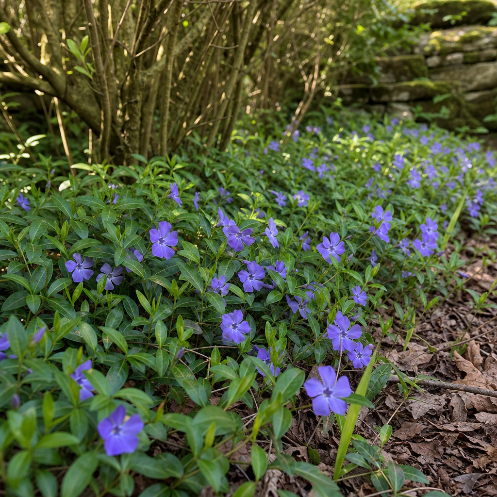 Vinca minor fleuri en couvre-sol ombragé