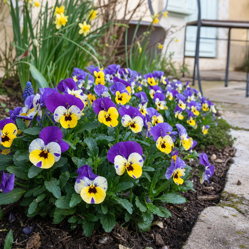 Violettes cornues colorées en floraison de printemps