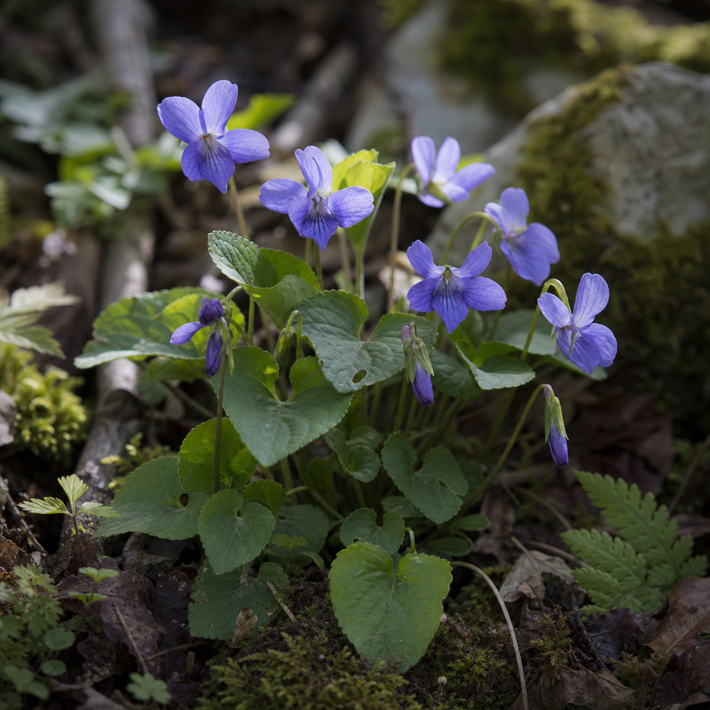 Violette des bois bleue sur sol moussu