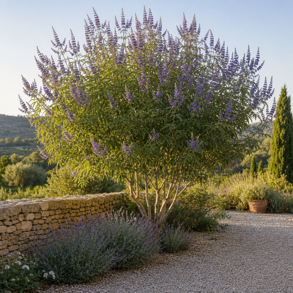 Vitex fleuri aux épis bleus dans un jardin chaud