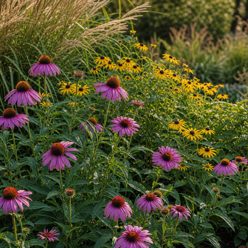 Échinacées violettes et rudbeckias jaunes dans un massif