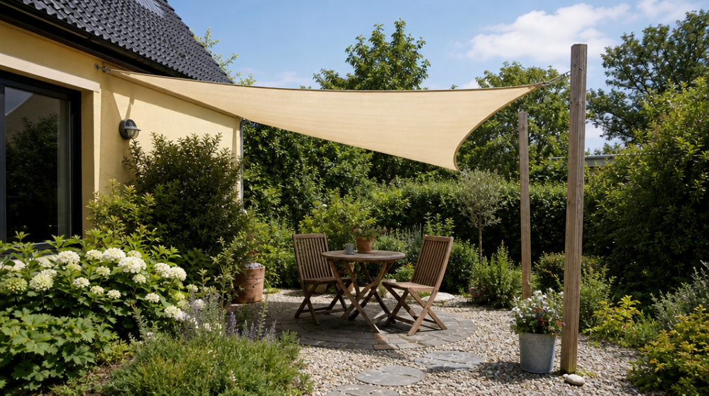 Voile d’ombrage clair au-dessus d’une petite terrasse