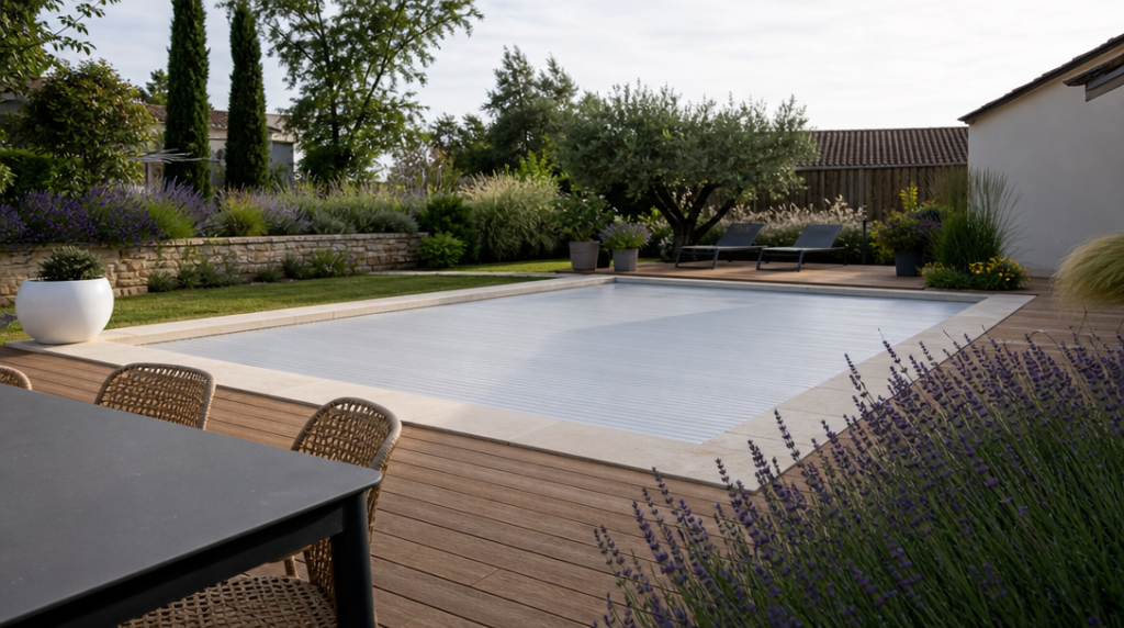 Volet de piscine roulant dans jardin avec terrasse bois