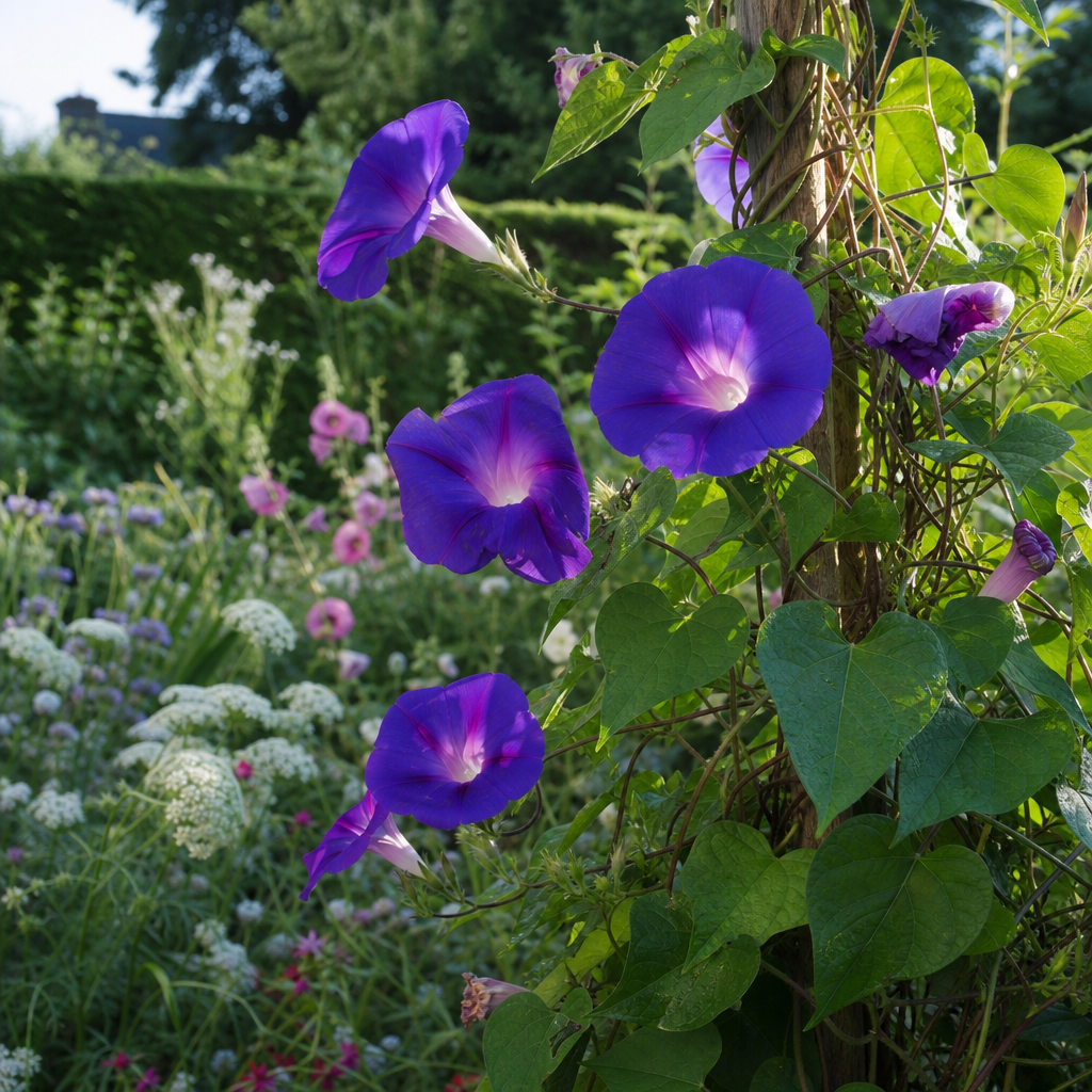 Volubilis bleu grimpant sur treillage en bois