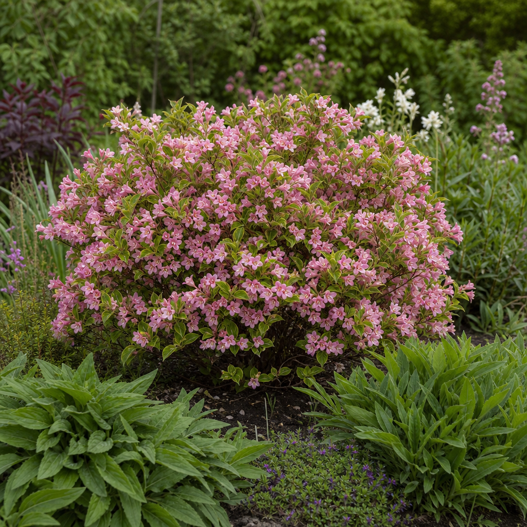 Weigelia rose compact couvert de fleurs au printemps
