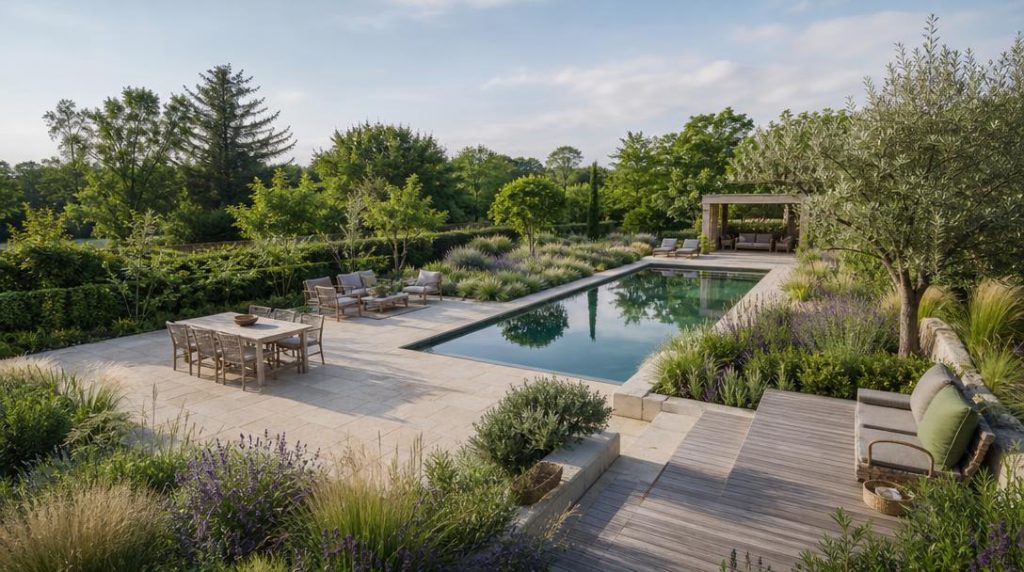 Jardin harmonieux avec bassin, terrasse claire et plantations
