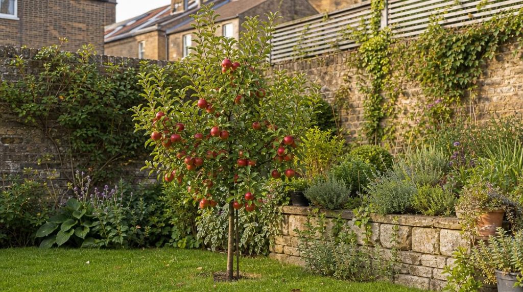 Pommier nain en pot avec pommes rouges sur terrasse