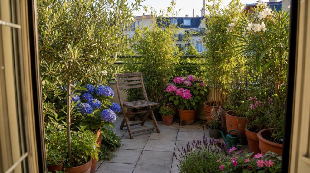Balcon urbain avec arbustes en pots et fauteuil