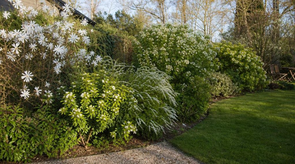 Massif de jardin avec plusieurs arbustes à fleurs blanches