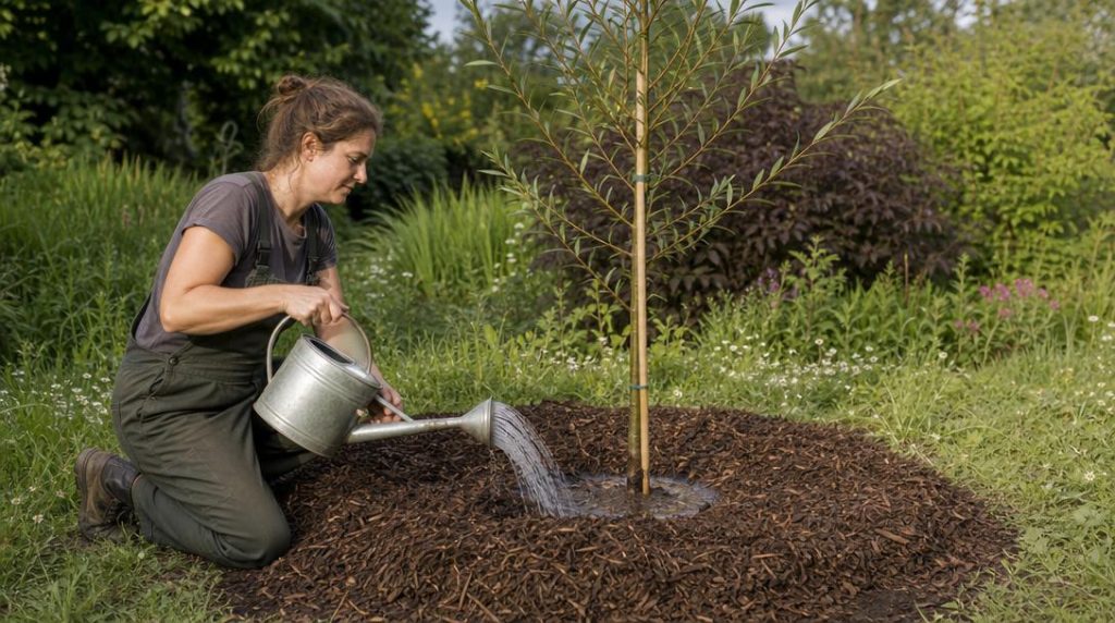 Jardinier arrosant un jeune saule blanc paillé