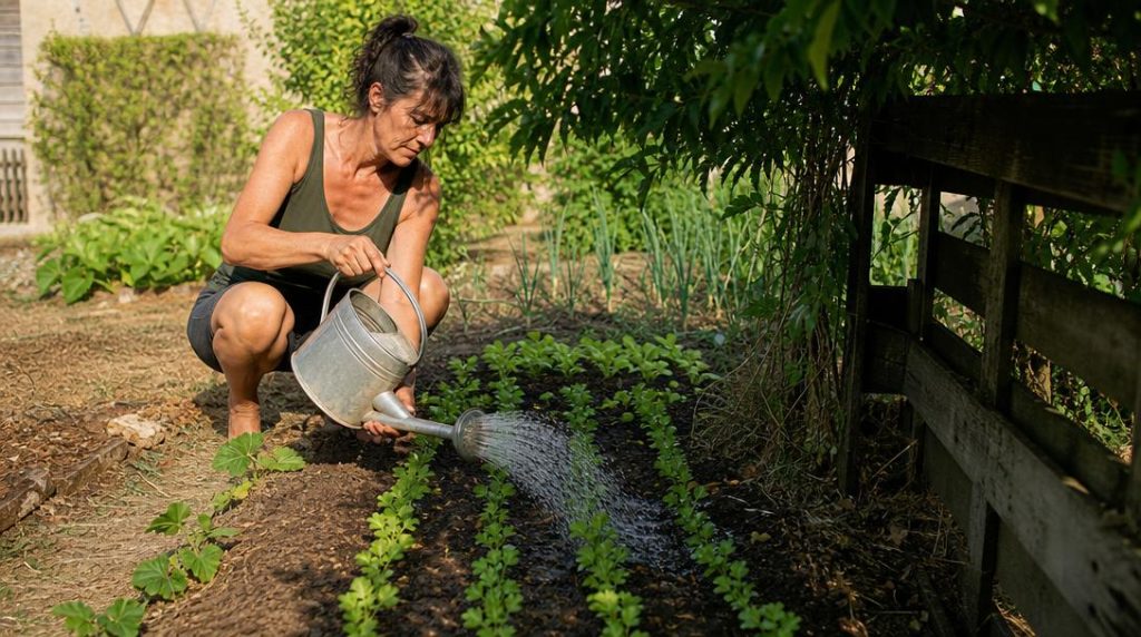 Arrosage doux de jeunes radis par temps chaud