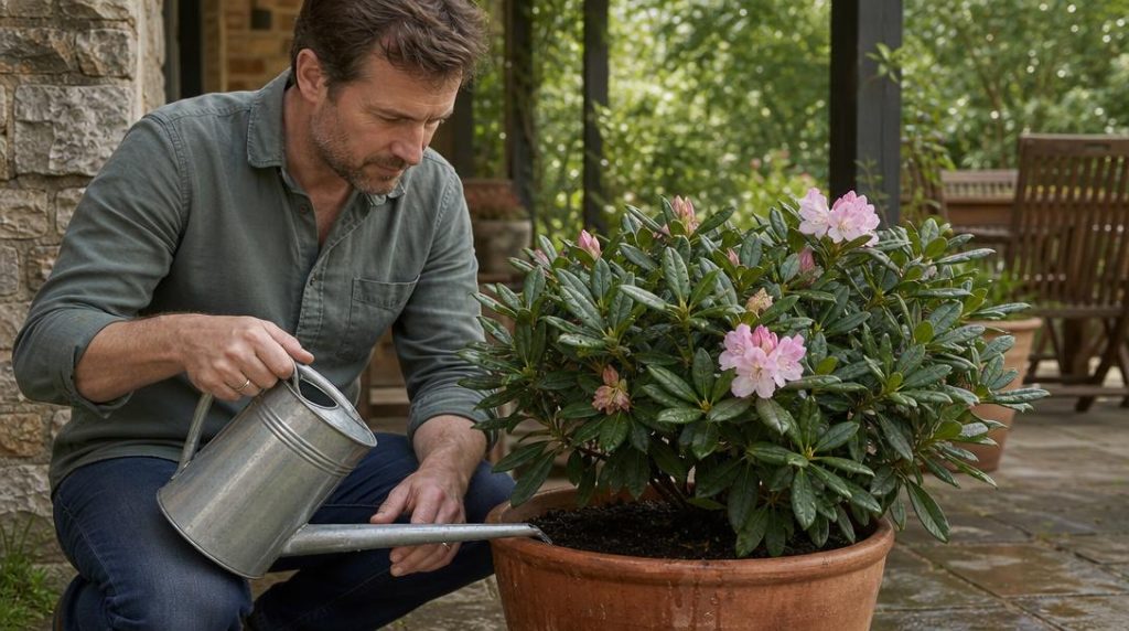Arrosage lent d’un rhododendron en pot