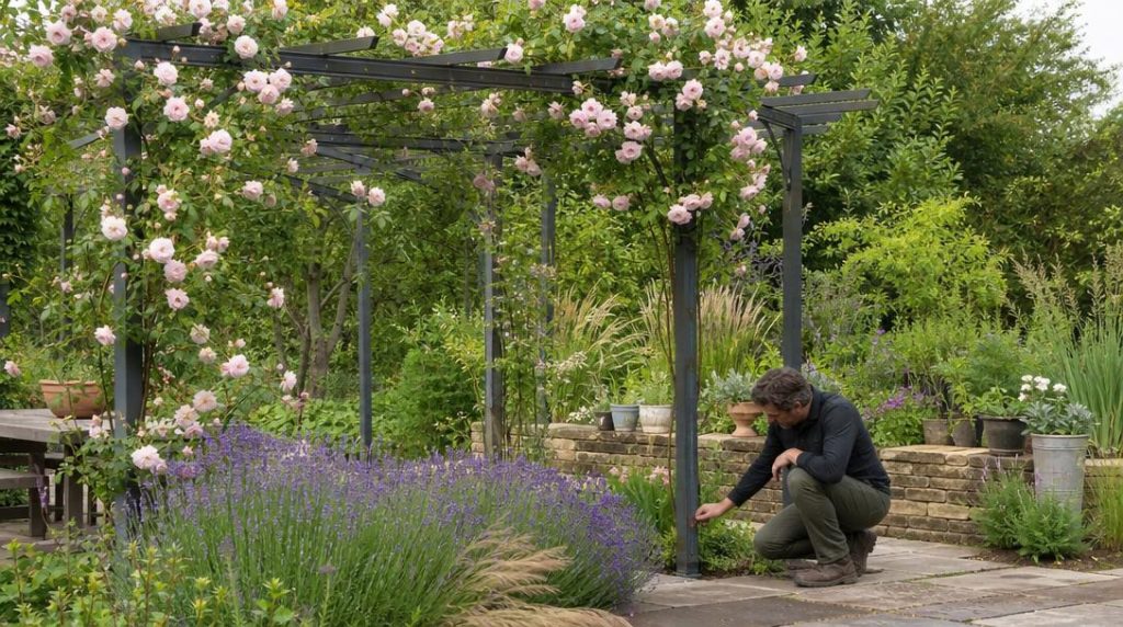 Pergola métallique fleurie avec fixation inspectée au jardin