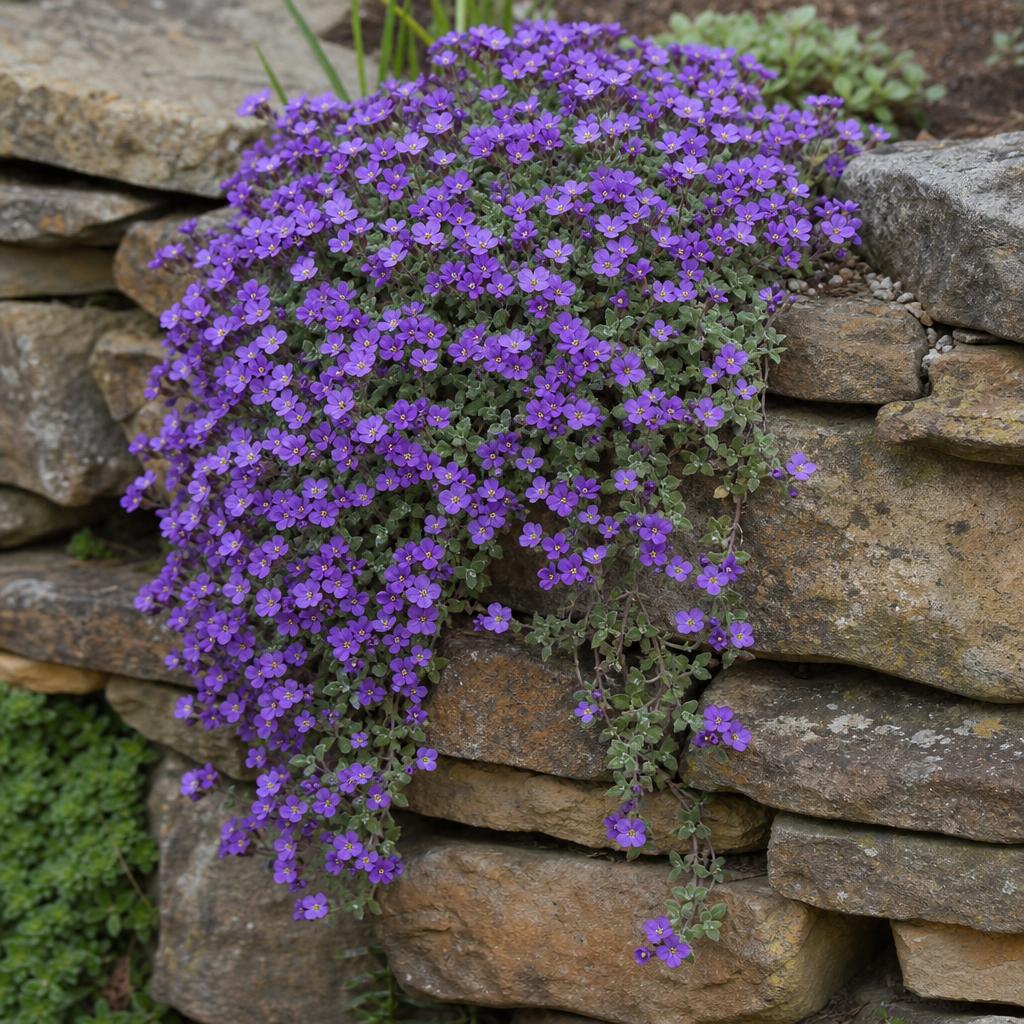 Aubriète violette retombant sur un muret sec