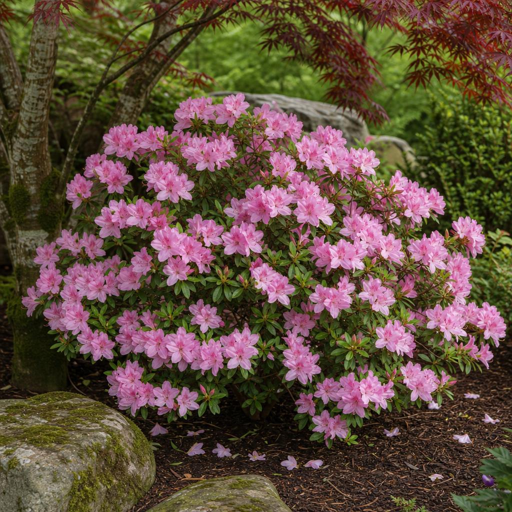 Azalée japonaise rose sous un érable du Japon