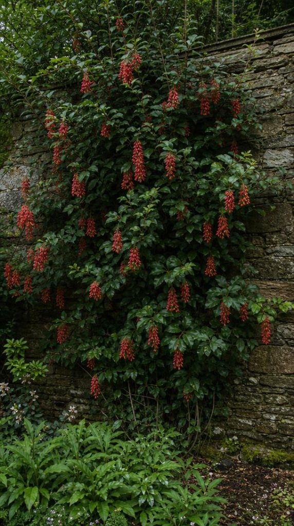 Berberidopsis aux fleurs rouges sur mur ombragé
