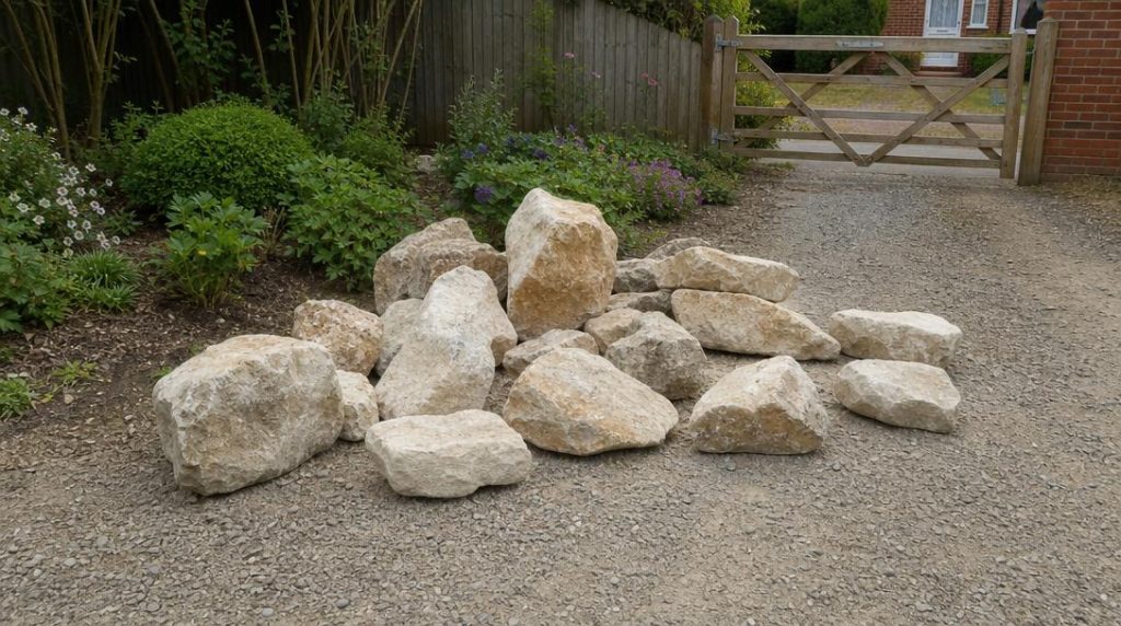 Blocs de calcaire livrés près d'un jardin