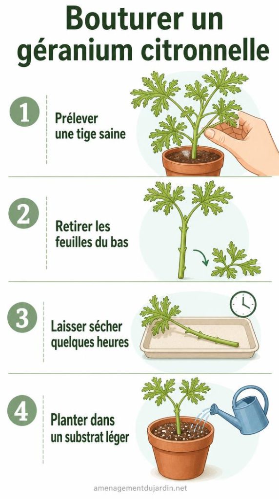 Étapes illustrées pour bouturer un géranium citronnelle