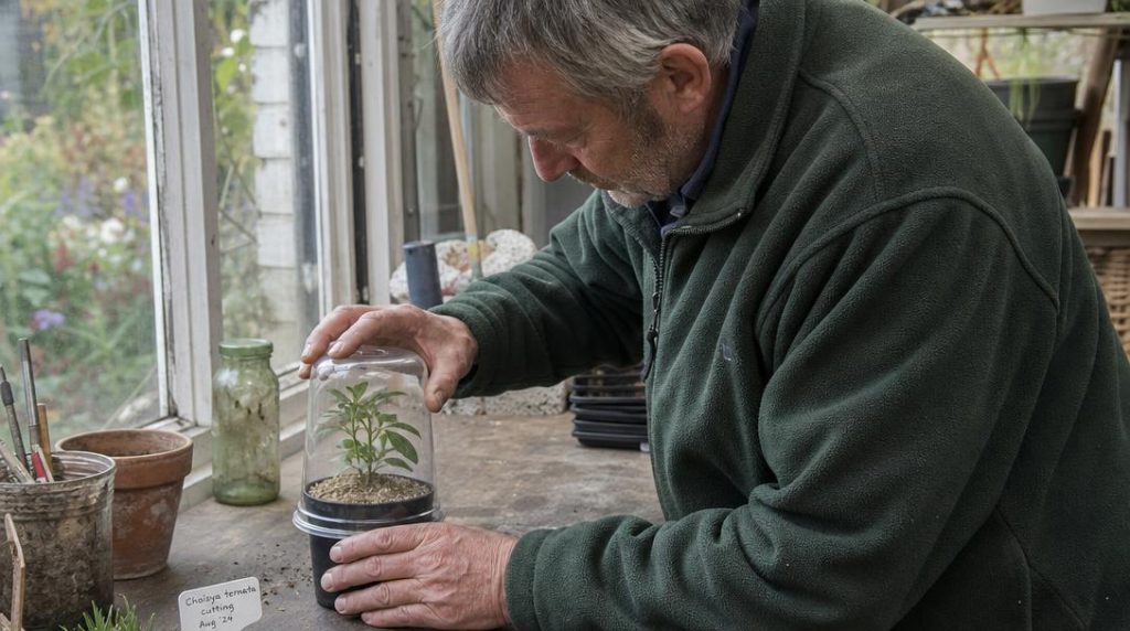 Jardinier couvrant une bouture de Choisya en pot