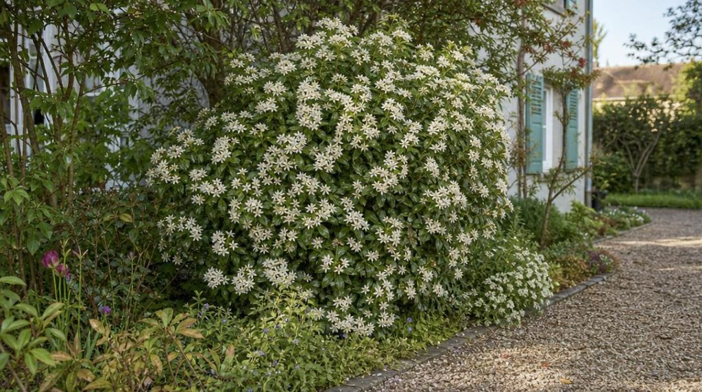 Oranger du Mexique fleuri dans un jardin lumineux