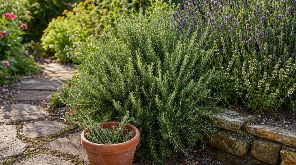 Romarin et boutures fraîches dans un jardin d’été
