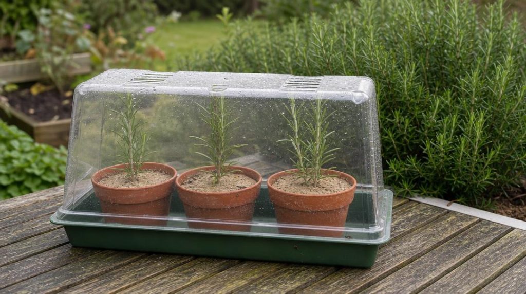 Jeunes boutures de romarin sous cloche transparente
