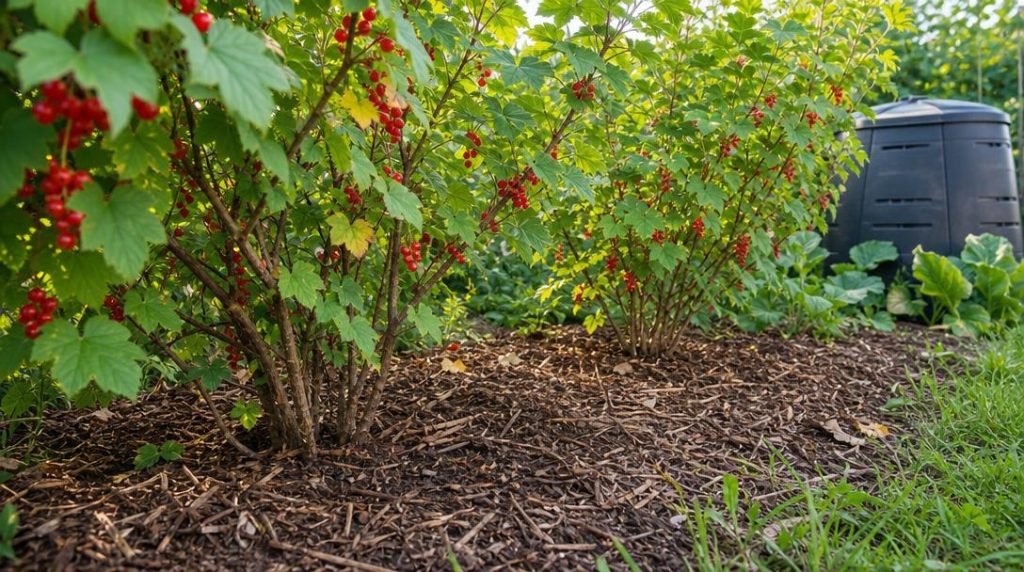 Broyat brun étalé au pied de groseilliers au jardin
