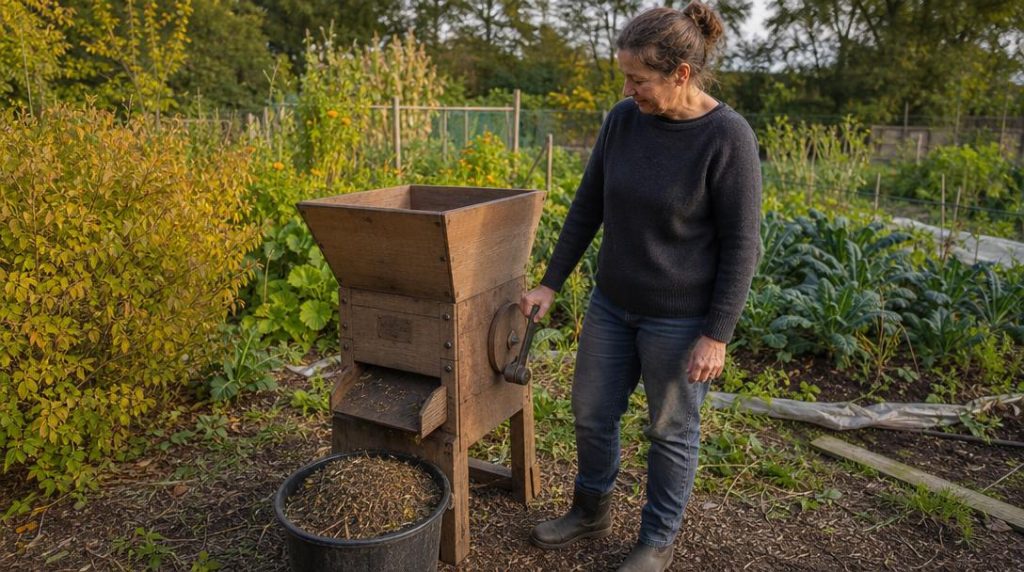 Broyeur manuel à manivelle dans un potager d'automne
