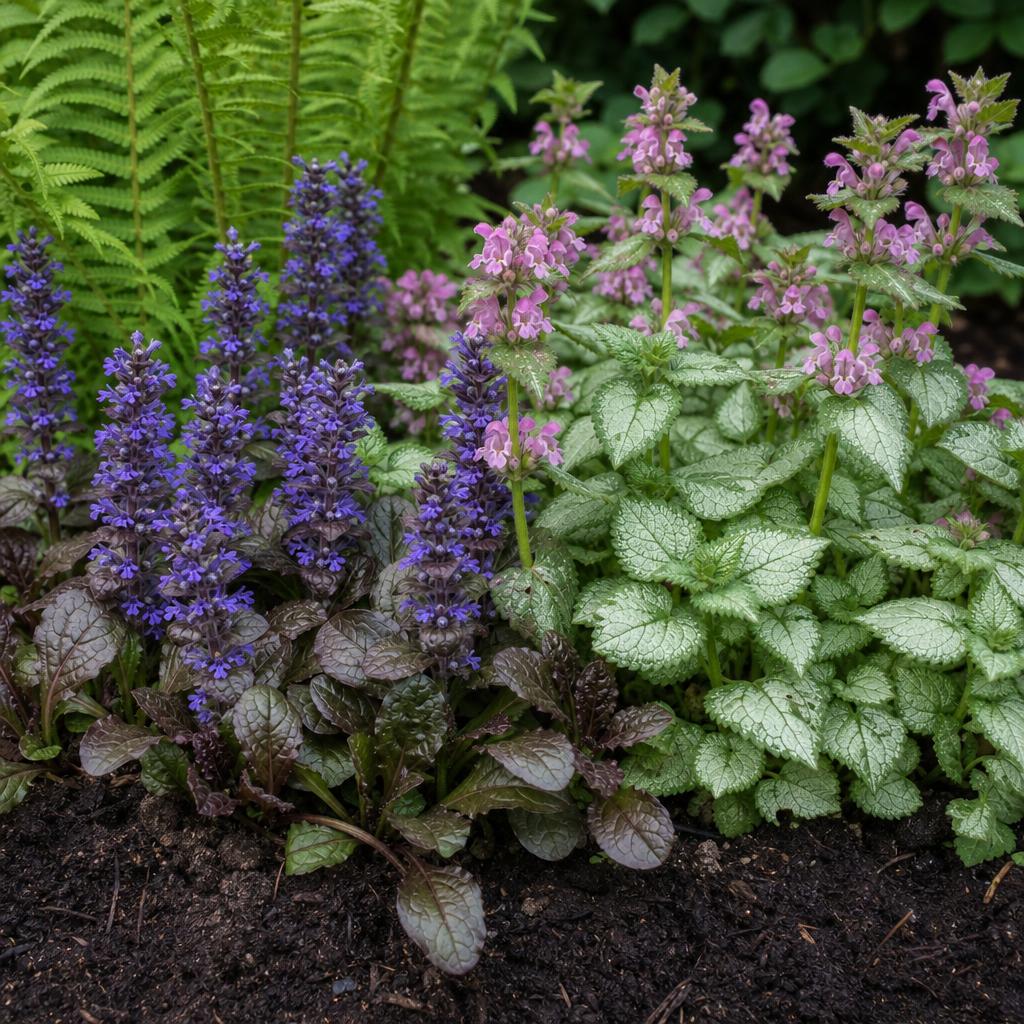 Bugle violette et lamier argenté en mi-ombre