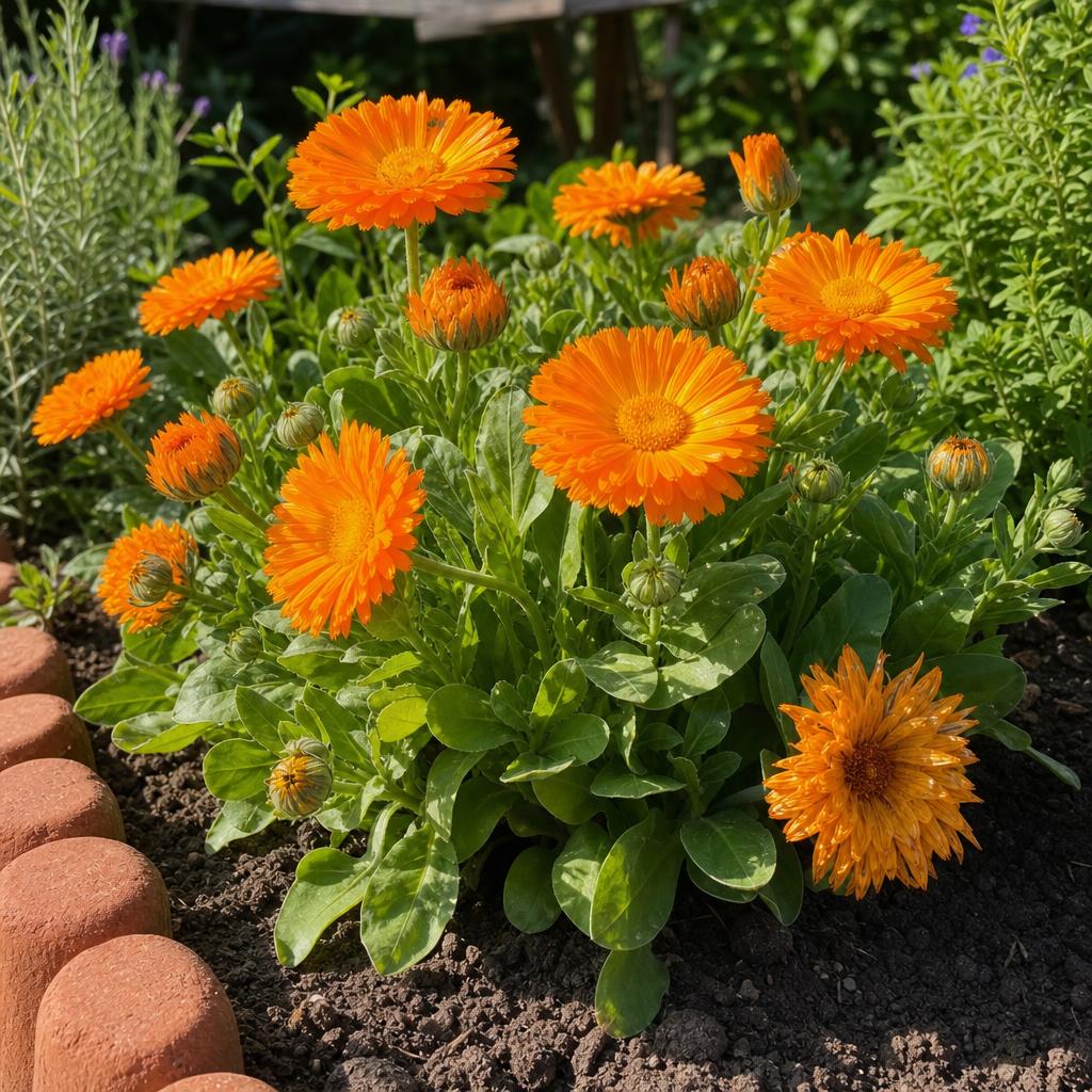 Calendula orange aux pétales fins près du potager
