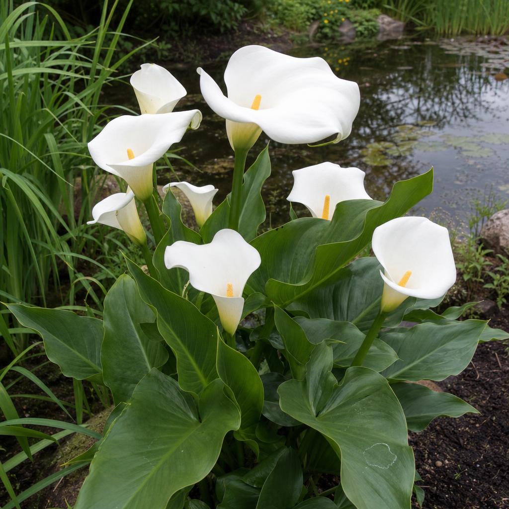 Calla blanc à grande spathe près d’un bassin